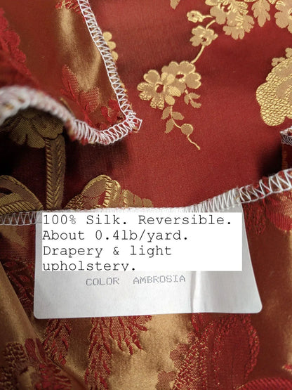 100% Silk Damask Lace Curvy Botanical Flower Vines Art Neuveu Ambrosia Red Gold bty