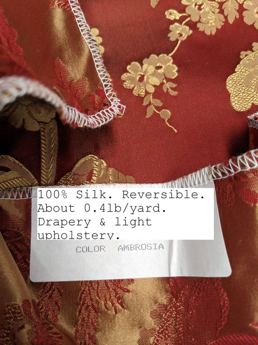 100% Silk Damask Lace Curvy Botanical Flower Vines Art Neuveu Ambrosia Red Gold bty