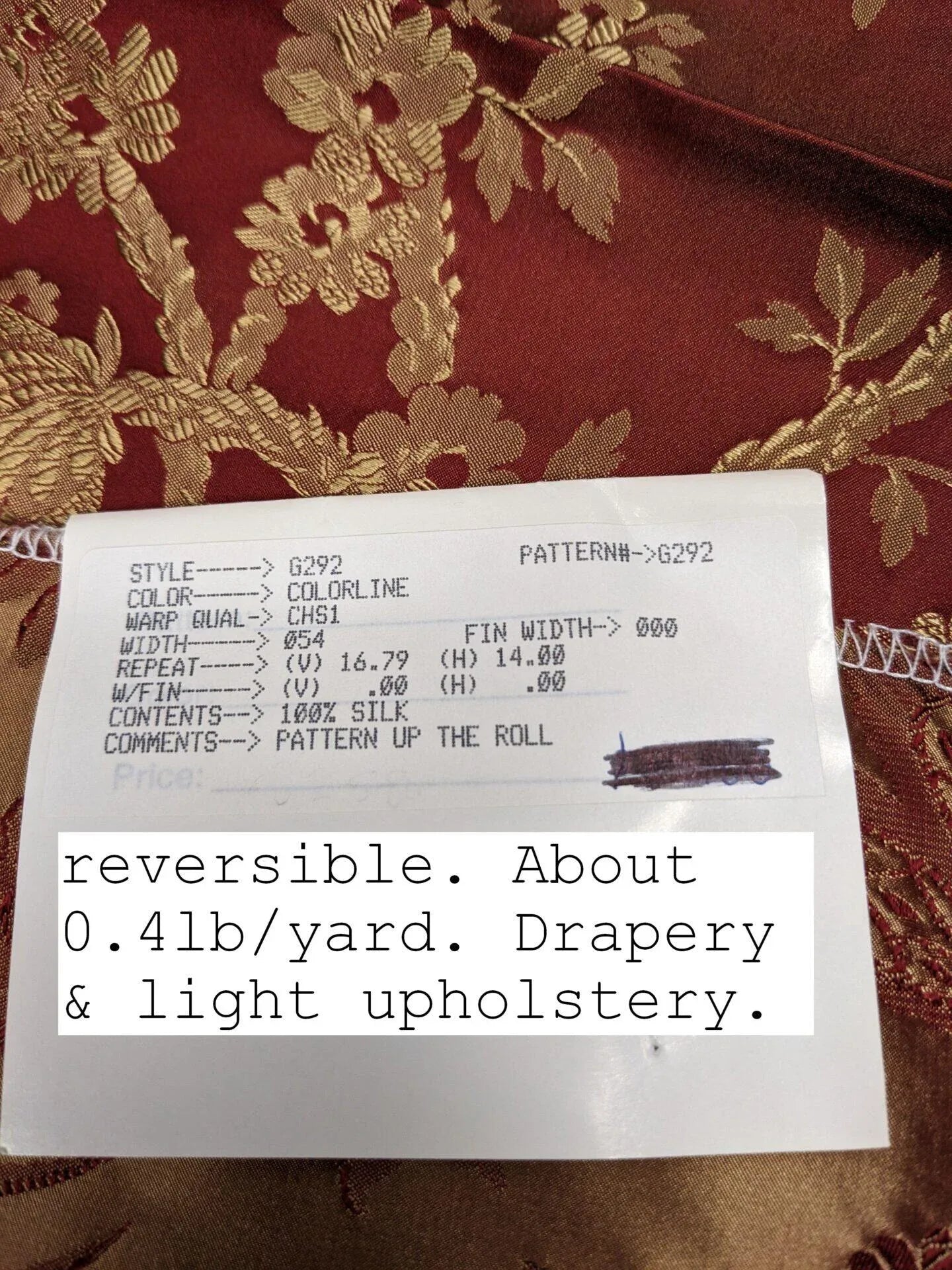 100% Silk Damask Lace Curvy Botanical Flower Vines Art Neuveu Ambrosia Red Gold bty