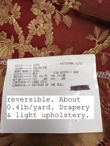 100% Silk Damask Lace Curvy Botanical Flower Vines Art Neuveu Ambrosia Red Gold bty