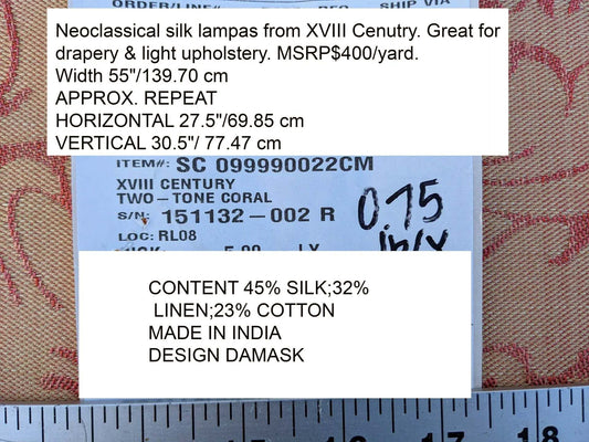 Scalamandre XVIII Century Two-Tone Coral Neoclassical Silk Lampas. Great For Drapery &amp; Light Upholstery. Peach Beige  MSRP USD 400/y