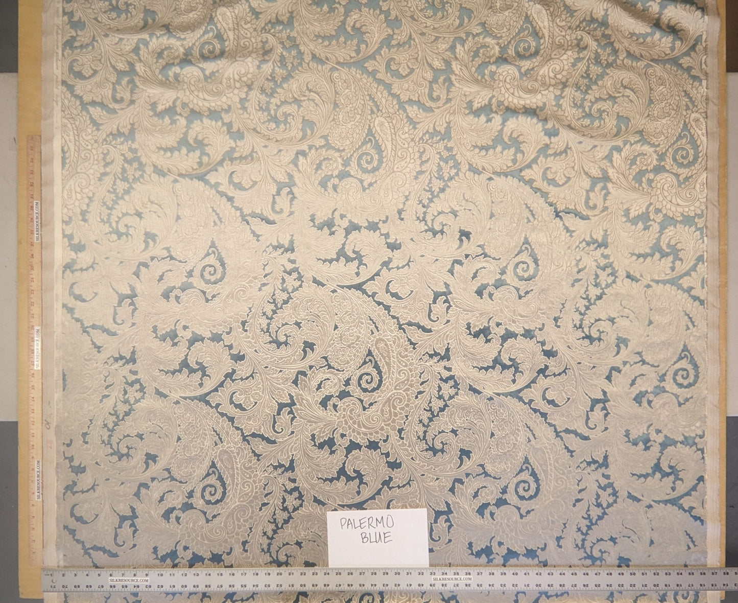 Scalamandre Palermo Velvet Paisley Beryl Blue Printed Velvet Botanical Foliage