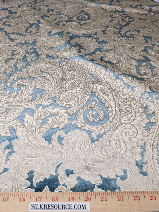 Scalamandre Palermo Velvet Paisley Beryl Blue Printed Velvet Botanical Foliage