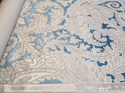 Scalamandre Palermo Velvet Paisley Beryl Blue Printed Velvet Botanical Foliage