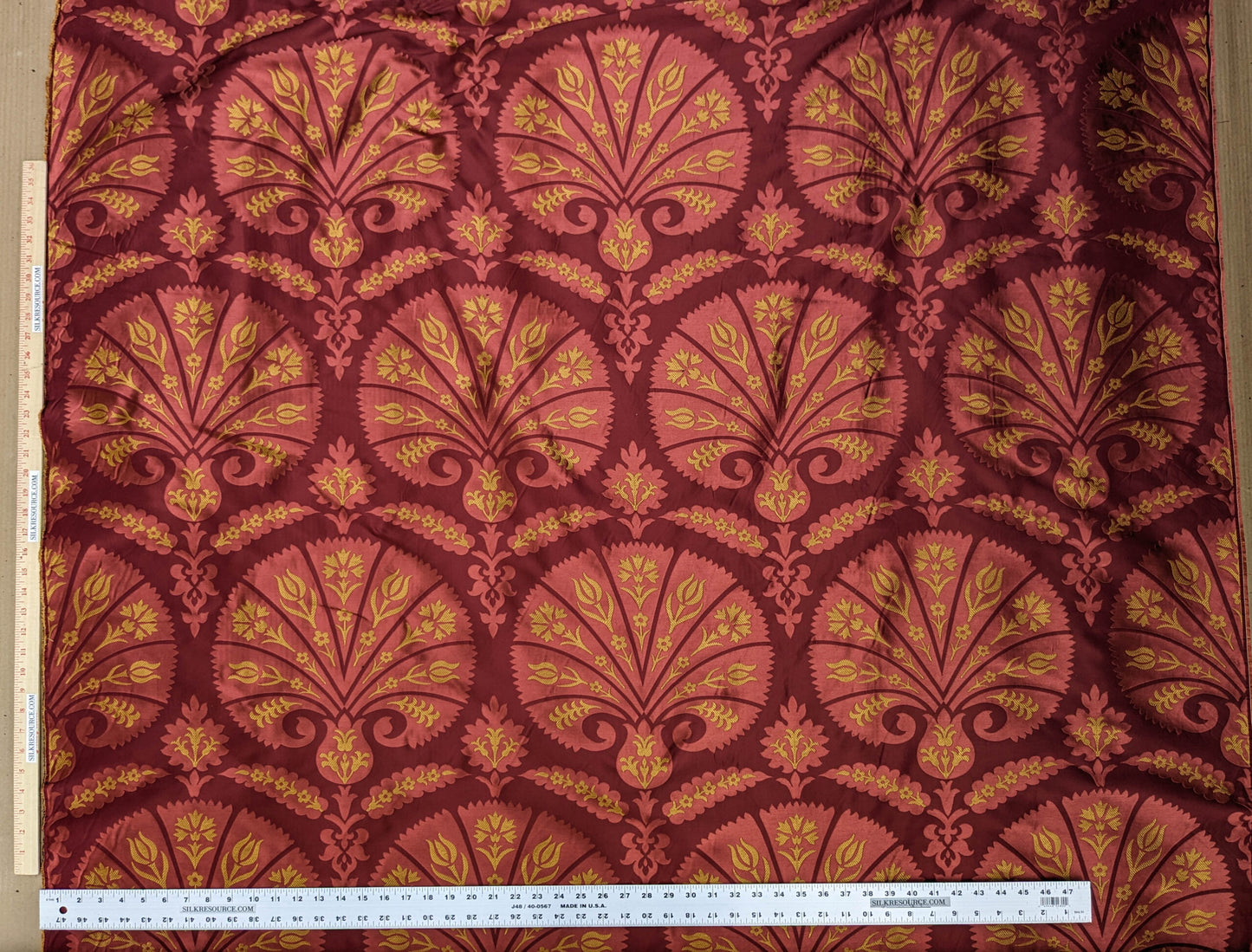 100%silk Lampas Tulip Fan Damask 536 "lacquer" Hot Red Pink Gold Bty MSRP USD296/y!