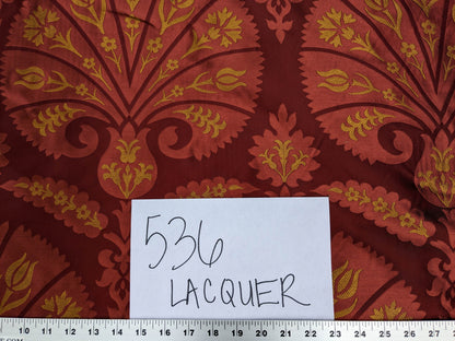 100%silk Lampas Tulip Fan Damask 536 "lacquer" Hot Red Pink Gold Bty MSRP USD296/y!