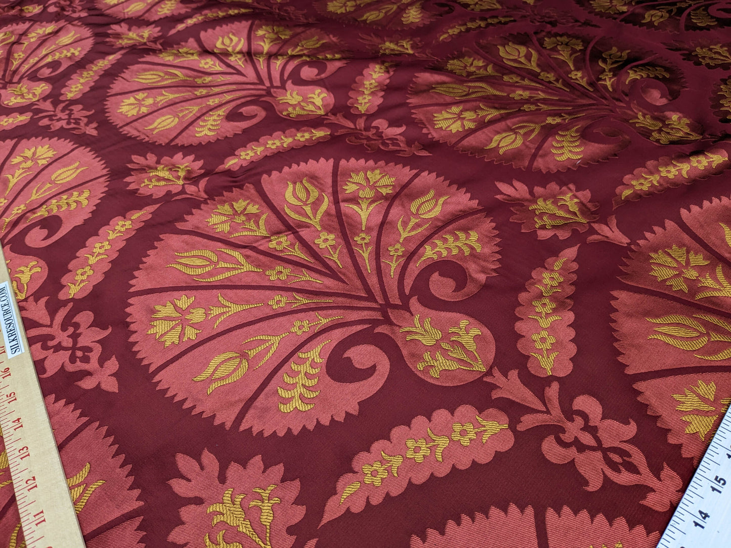 100%silk Lampas Tulip Fan Damask 536 "lacquer" Hot Red Pink Gold Bty MSRP USD296/y!