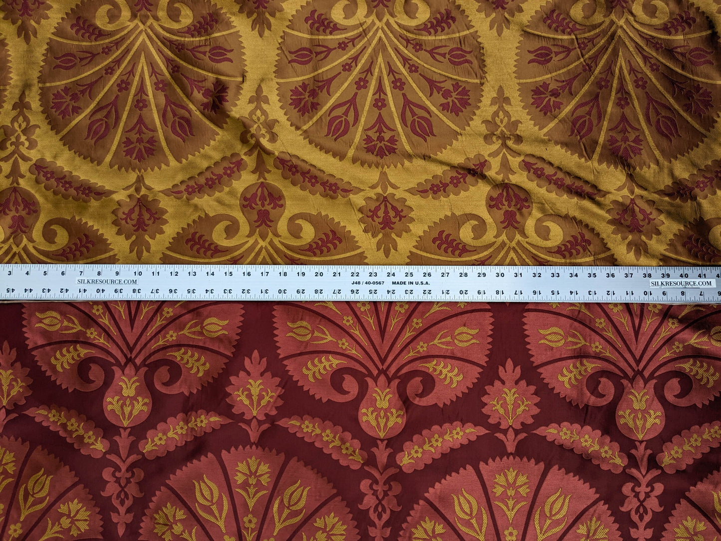100%silk Lampas Tulip Fan Damask 536 "lacquer" Hot Red Pink Gold Bty MSRP USD296/y!