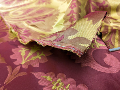 100%silk Lampas Tulip Fan Damask 536 "lacquer" Hot Red Pink Gold Bty MSRP USD296/y!