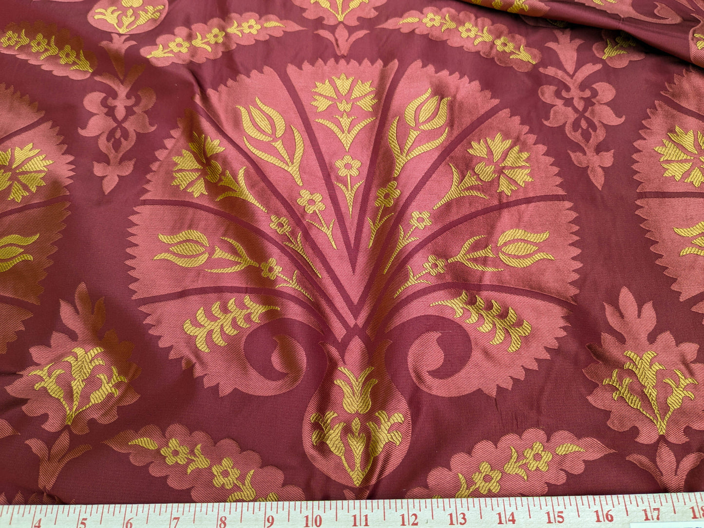 100%silk Lampas Tulip Fan Damask 536 "lacquer" Hot Red Pink Gold Bty MSRP USD296/y!