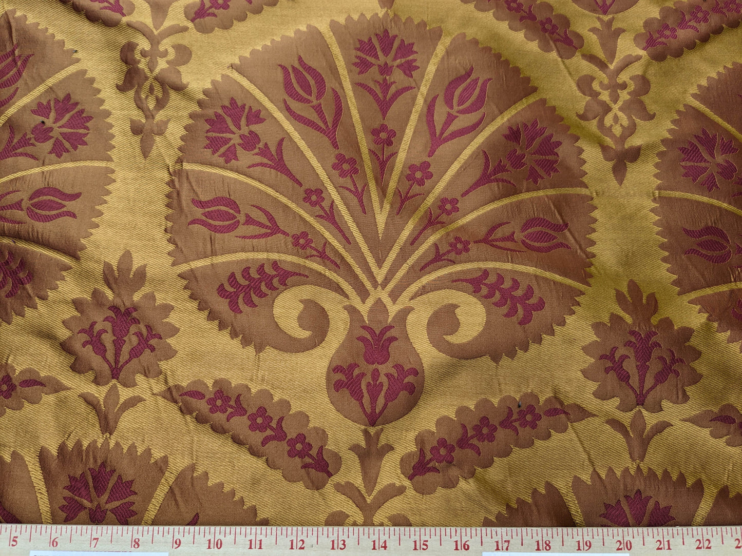 100%silk Lampas Tulip Fan Damask 536 "lacquer" Hot Red Pink Gold Bty MSRP USD296/y!