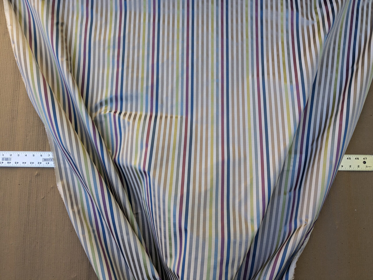 By Yard Tribolo Silver Blue Red Plum Spring Green on Beige Silk Stripe Scalamandre MSRP USD 200USD/Y