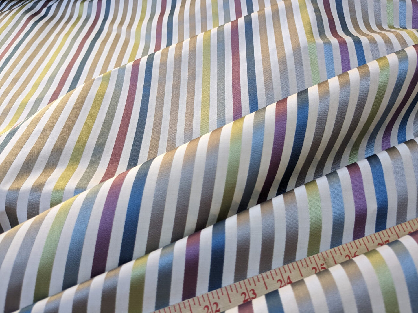 By Yard Tribolo Silver Blue Red Plum Spring Green on Beige Silk Stripe Scalamandre MSRP USD 200USD/Y