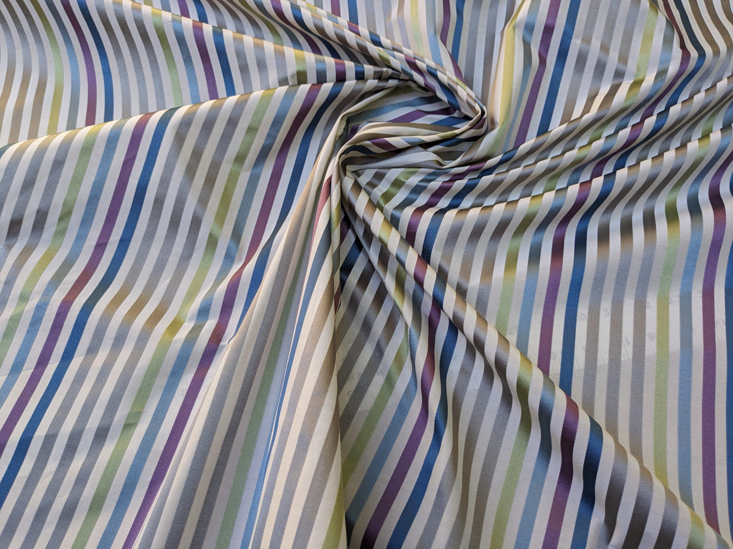 By Yard Tribolo Silver Blue Red Plum Spring Green on Beige Silk Stripe Scalamandre MSRP USD 200USD/Y