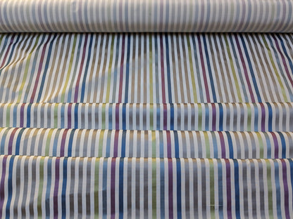 By Yard Tribolo Silver Blue Red Plum Spring Green on Beige Silk Stripe Scalamandre MSRP USD 200USD/Y