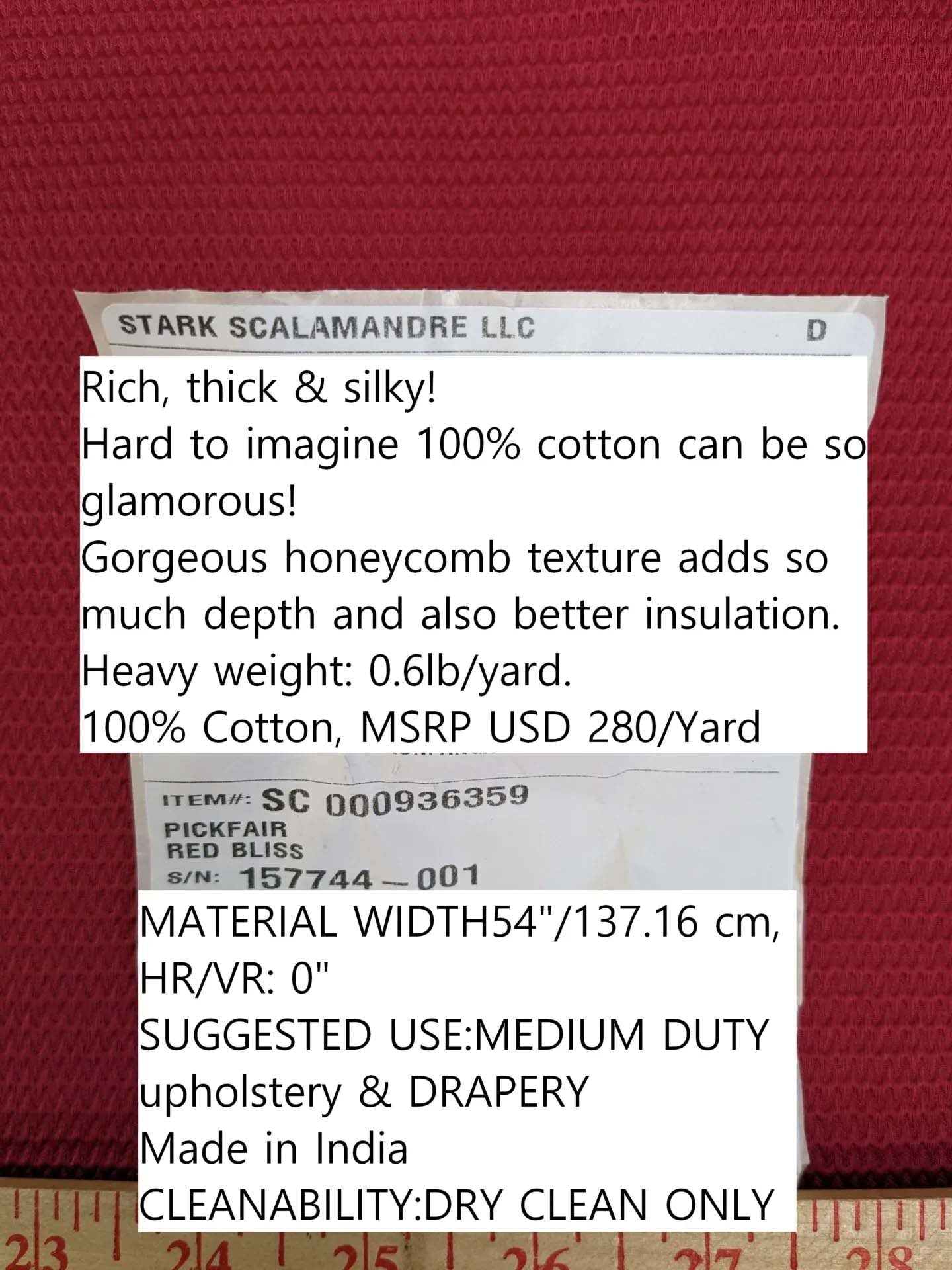 by yard Scalamandre Pickfair Red Bliss Red Honeycomb 100% Cotton MSRP USD 280/Y