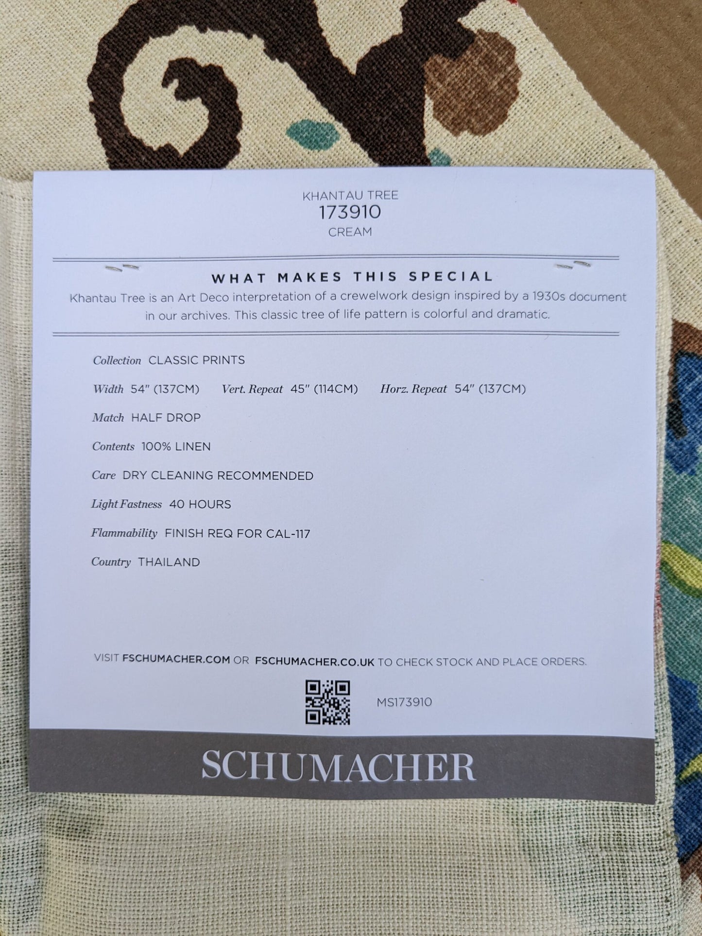 Schumacher Khantau Tree in Cream Linen Art Deco Tree of life Botanical Colorful MSRP USD356/y