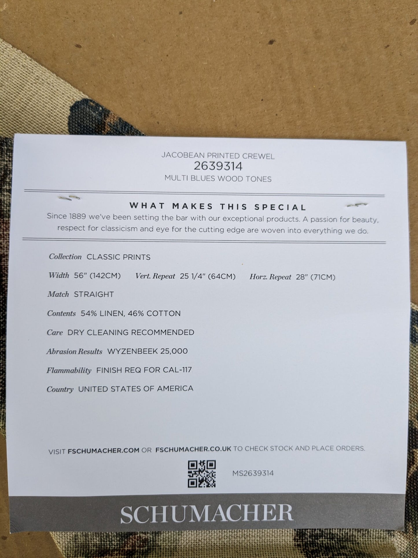 Schumacher Jacobean Printed Crewel in Multi Blues Wood Tones MSRP USD 296/y