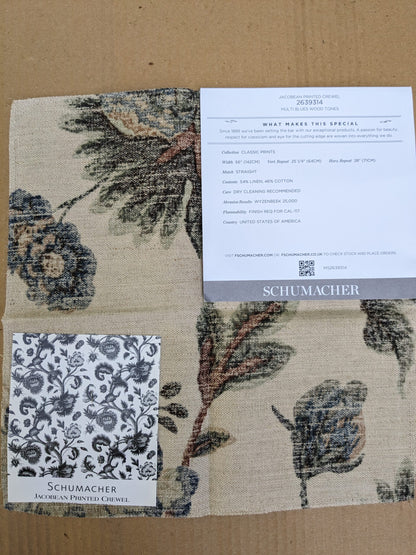 Schumacher Jacobean Printed Crewel in Multi Blues Wood Tones MSRP USD 296/y