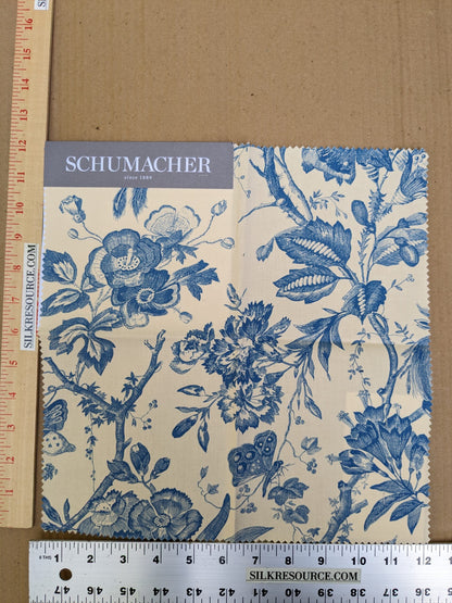 Schumacher Birds Of Paradise in Blue and Cream White Cotton Tree Foliage MSRP USD 236/y