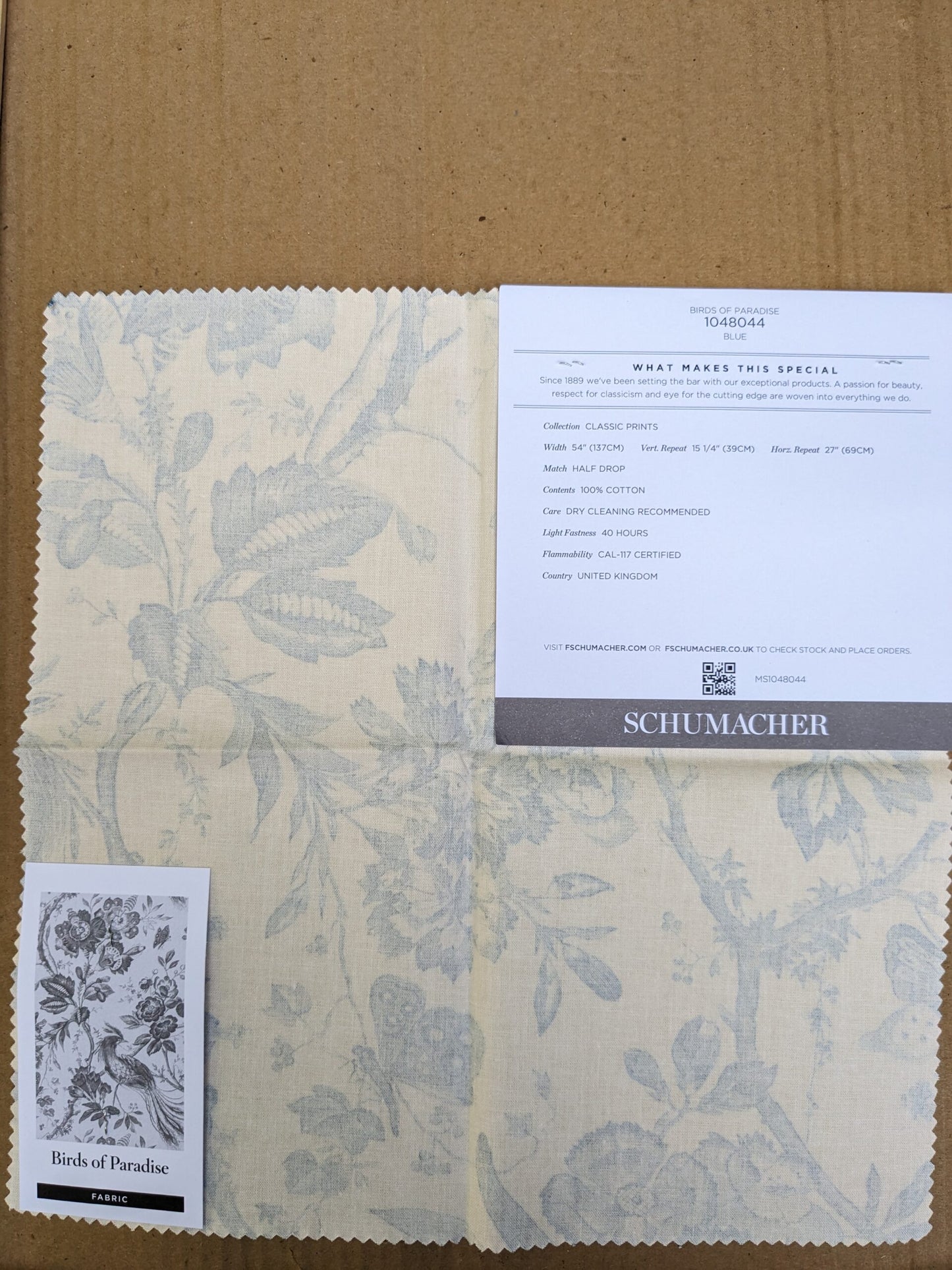 Schumacher Birds Of Paradise in Blue and Cream White Cotton Tree Foliage MSRP USD 236/y