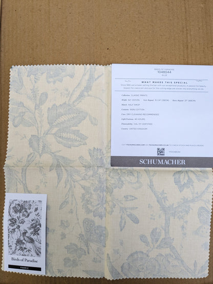 Schumacher Birds Of Paradise in Blue and Cream White Cotton Tree Foliage MSRP USD 236/y