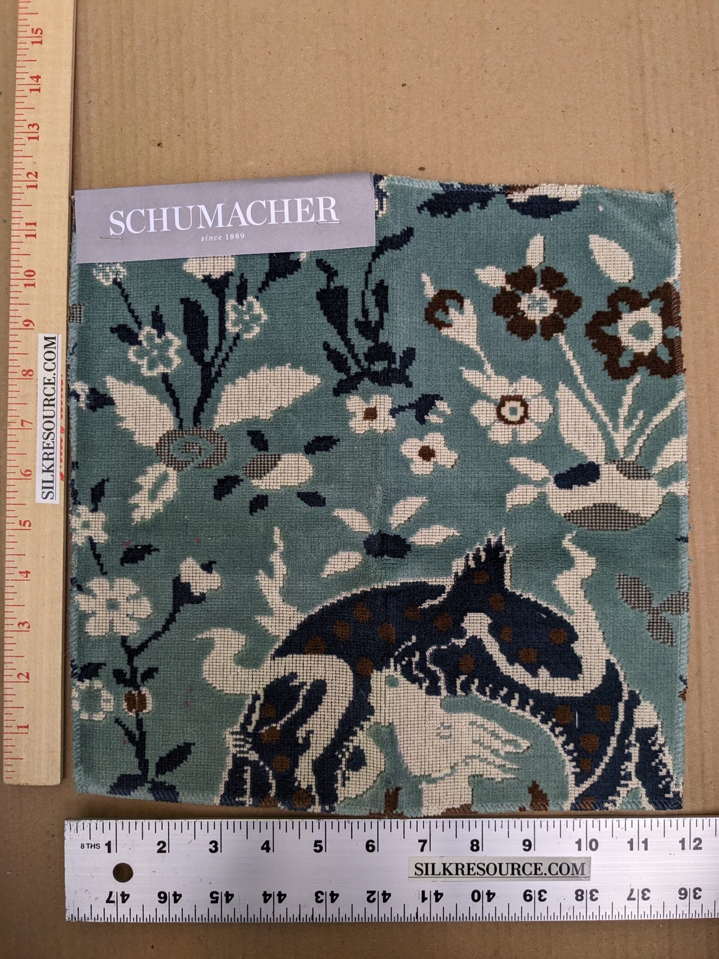 Schumacher Saint Ambrose Velvet in Cadet Blue Animals and flowers Cut and pattern velvets MSRP USD 596/y