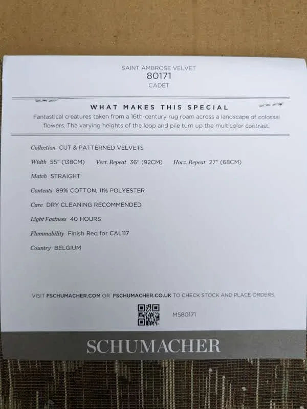 Schumacher Saint Ambrose Velvet in Cadet Blue Animals and flowers Cut and pattern velvets MSRP USD 596/y