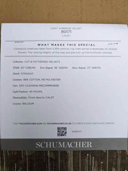 Schumacher Saint Ambrose Velvet in Cadet Blue Animals and flowers Cut and pattern velvets MSRP USD 596/y