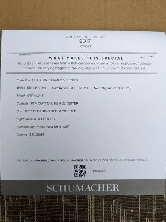 Schumacher Saint Ambrose Velvet in Cadet Blue Animals and flowers Cut and pattern velvets MSRP USD 596/y