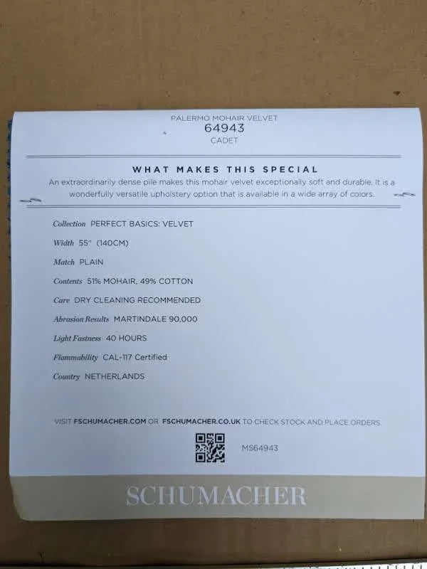 Schumacher Palermo Mohair Velvet in Cadet Blue Plain Soft and Durable MSRP USD568/y