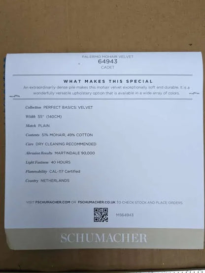 Schumacher Palermo Mohair Velvet in Cadet Blue Plain Soft and Durable MSRP USD568/y