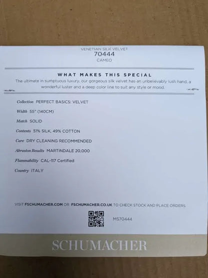 Schumacher Venetian Silk Velvet in  Bellini Light Brown Solid MSRP USD 568/y