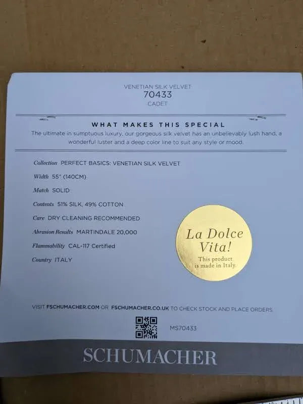 Schumacher Venetian Silk Velvet in Cadet Blue Solid MSRP USD 568/y