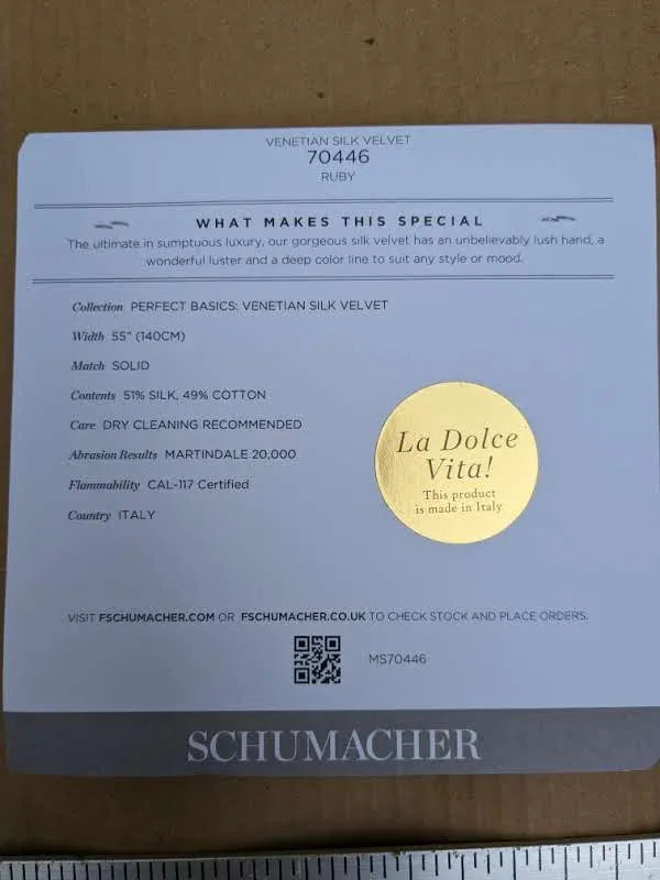 Schumacher Venetian Silk Velvet in Ruby Red Solid MSRP USD 568/y