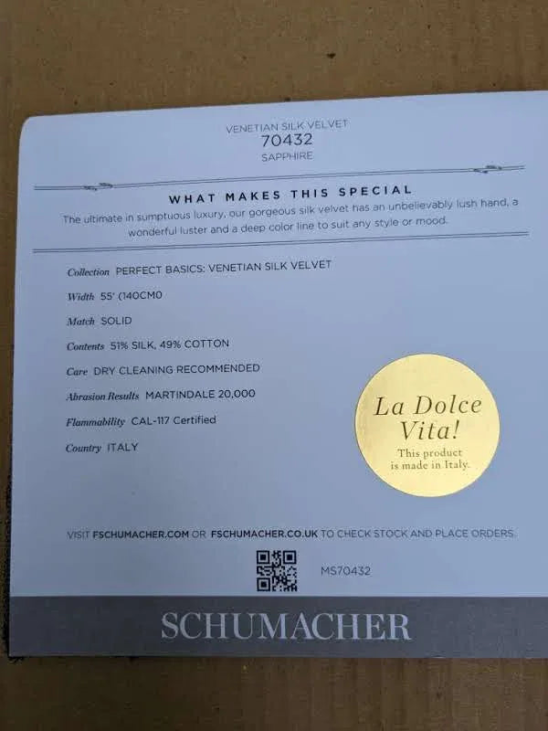 Schumacher Venetian Silk Velvet in Sapphire Deep Blue Solid MSRP USD 568/y