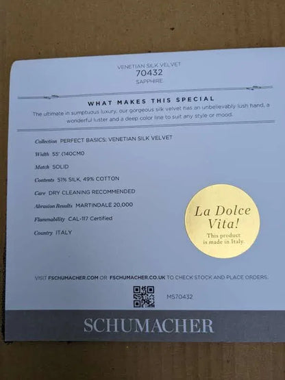 Schumacher Venetian Silk Velvet in Sapphire Deep Blue Solid MSRP USD 568/y