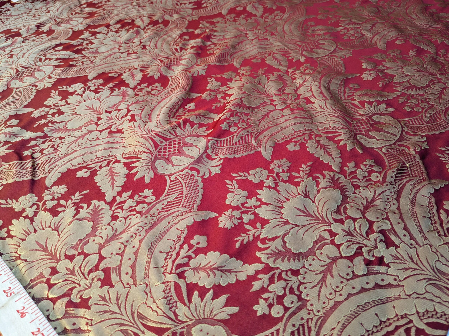 100% Silk Damask Classic Renaissance Artichoke Ruby Red Gold High End