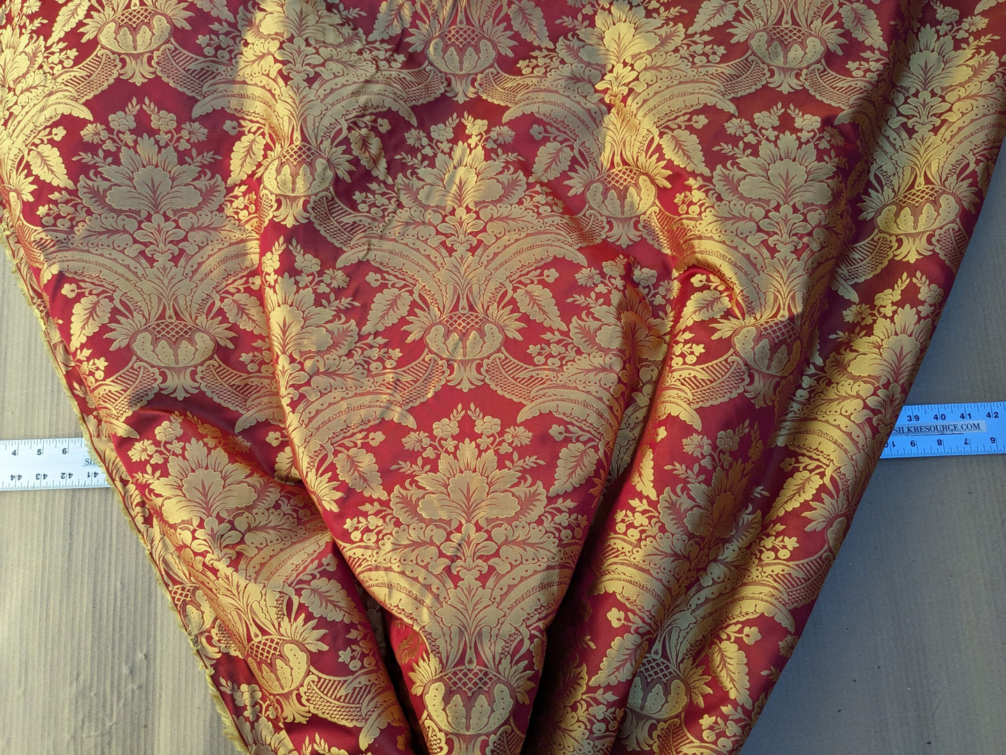 100% Silk Damask Classic Renaissance Artichoke Ruby Red Gold High End