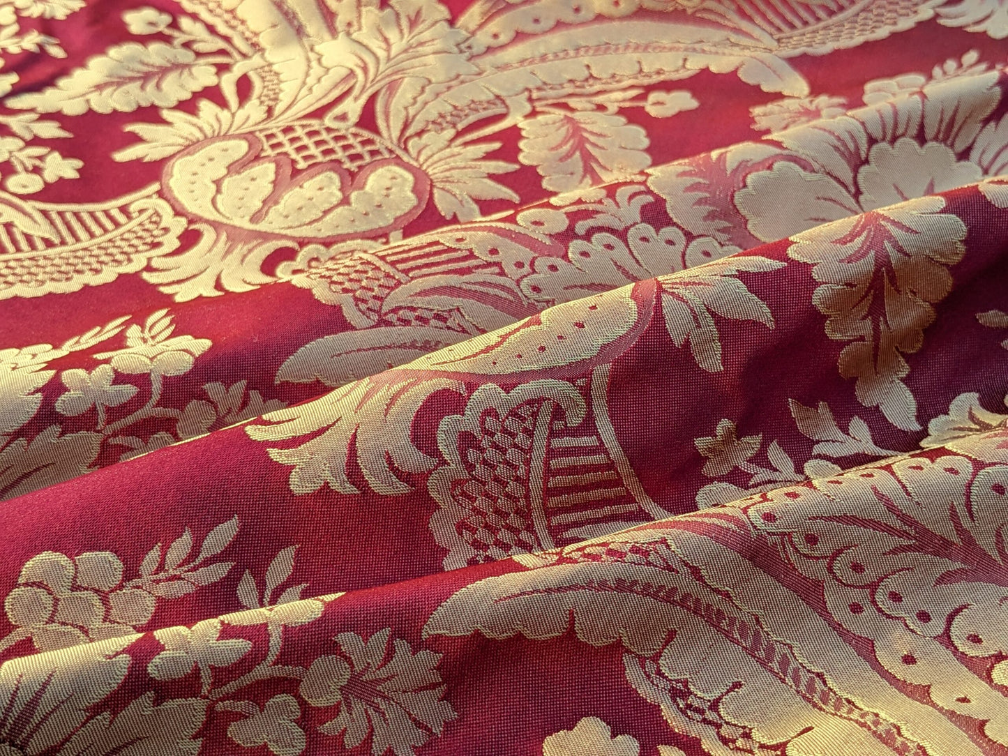 100% Silk Damask Classic Renaissance Artichoke Ruby Red Gold High End
