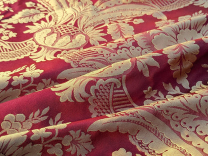 100% Silk Damask Classic Renaissance Artichoke Ruby Red Gold High End