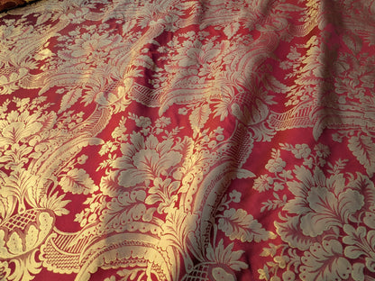 100% Silk Damask Classic Renaissance Artichoke Ruby Red Gold High End