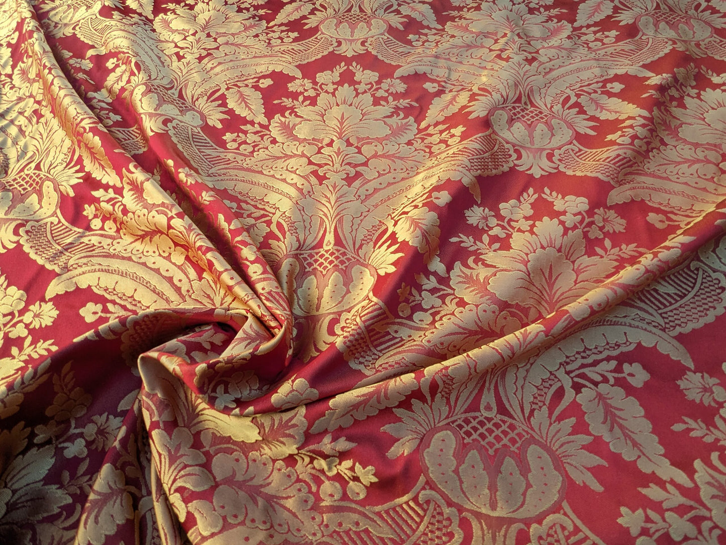 100% Silk Damask Classic Renaissance Artichoke Ruby Red Gold High End