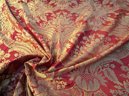 100% Silk Damask Classic Renaissance Artichoke Ruby Red Gold High End