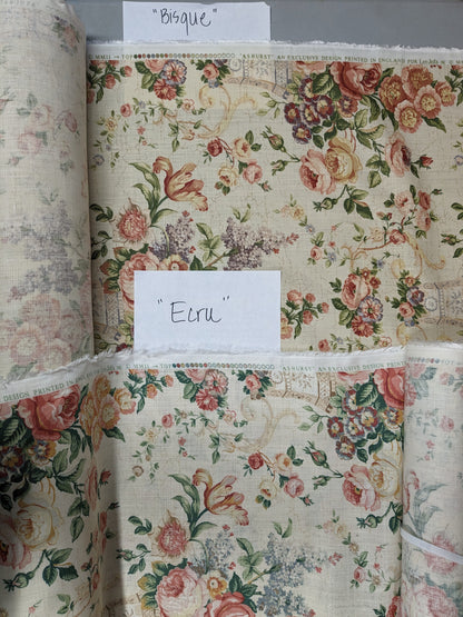 By Yard Lee Jofa Ashurst Peony Tulip Lilac Rose 100% Linen Print on Ecru Handprint English Chintz UK MSRP USD 139/Y