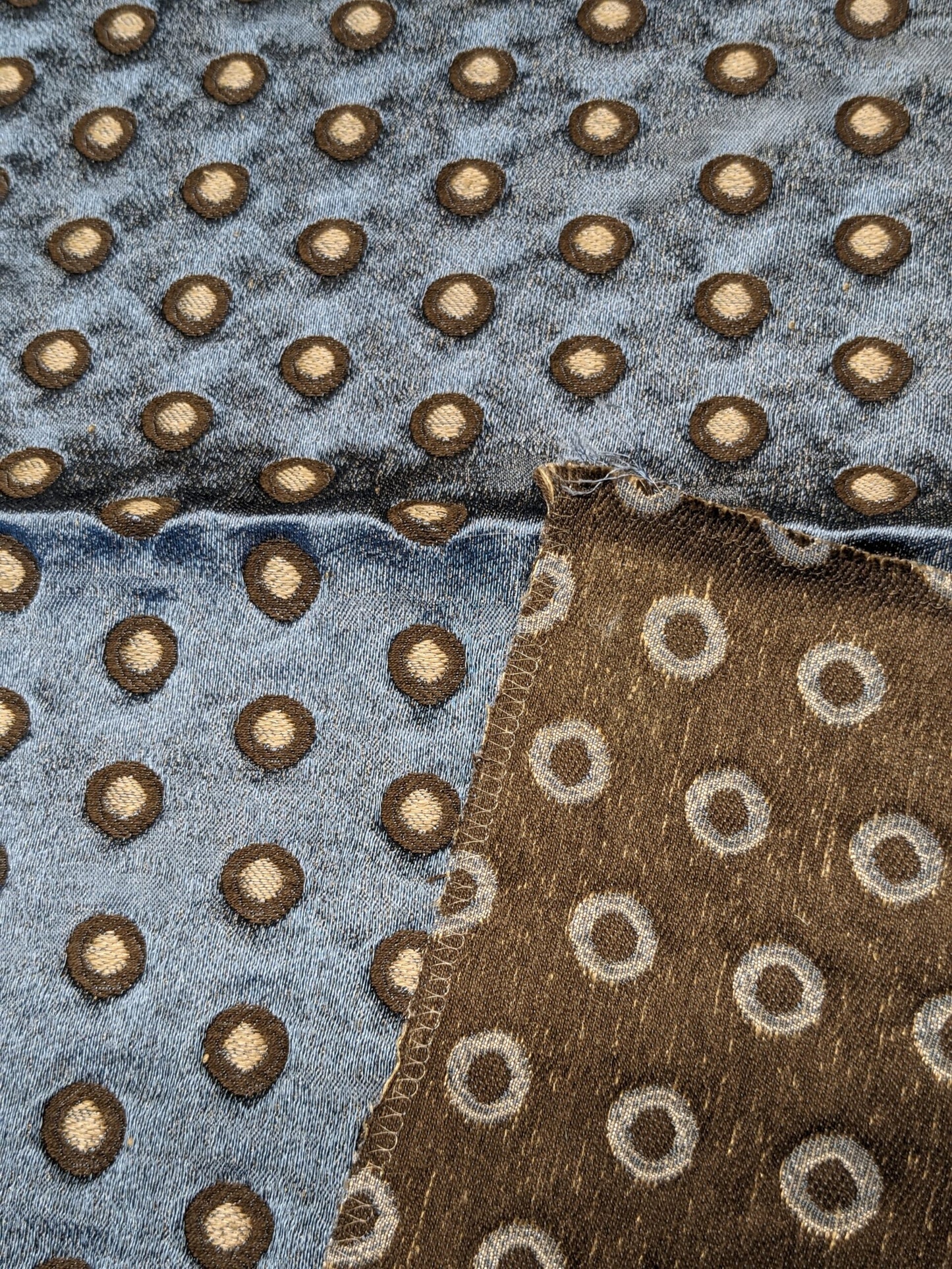 56 EV34 Special Square Jacquard by Lelievre Paris Pelligrina Nautilus Brown Blue Dot Circle Small Scale MSRP USD 300+/y