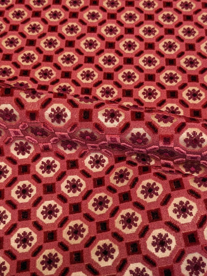 69 EV34 Special Square Jacquard by Tassinari and Chatel Brienne Red White Velvet Geometric Small Scale MSRP USD 20,000+/y