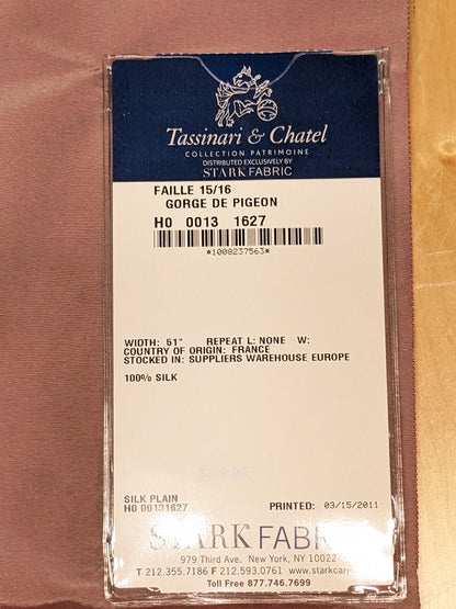 76 EV34 Special Square Plain Fabric by Tassinari and Chatel Faille Gorge De Pigeon Pink Silk Plain MSRP USD1400+/y