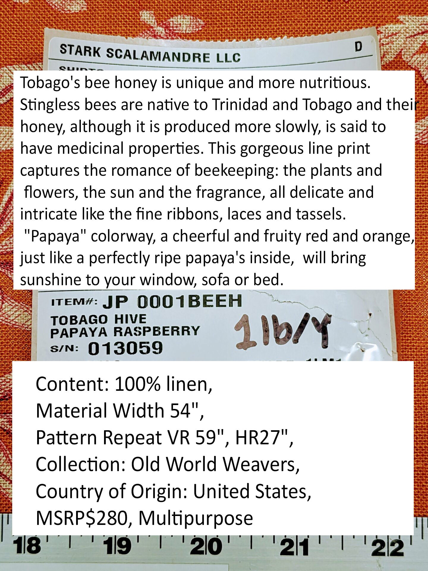 Scalamandre Tobago Hive Papaya Raspberry Pink Linen Print Tropical Apiculture Beekeeping Tropical Flowers Ribbon Tassel MSRP 280/y