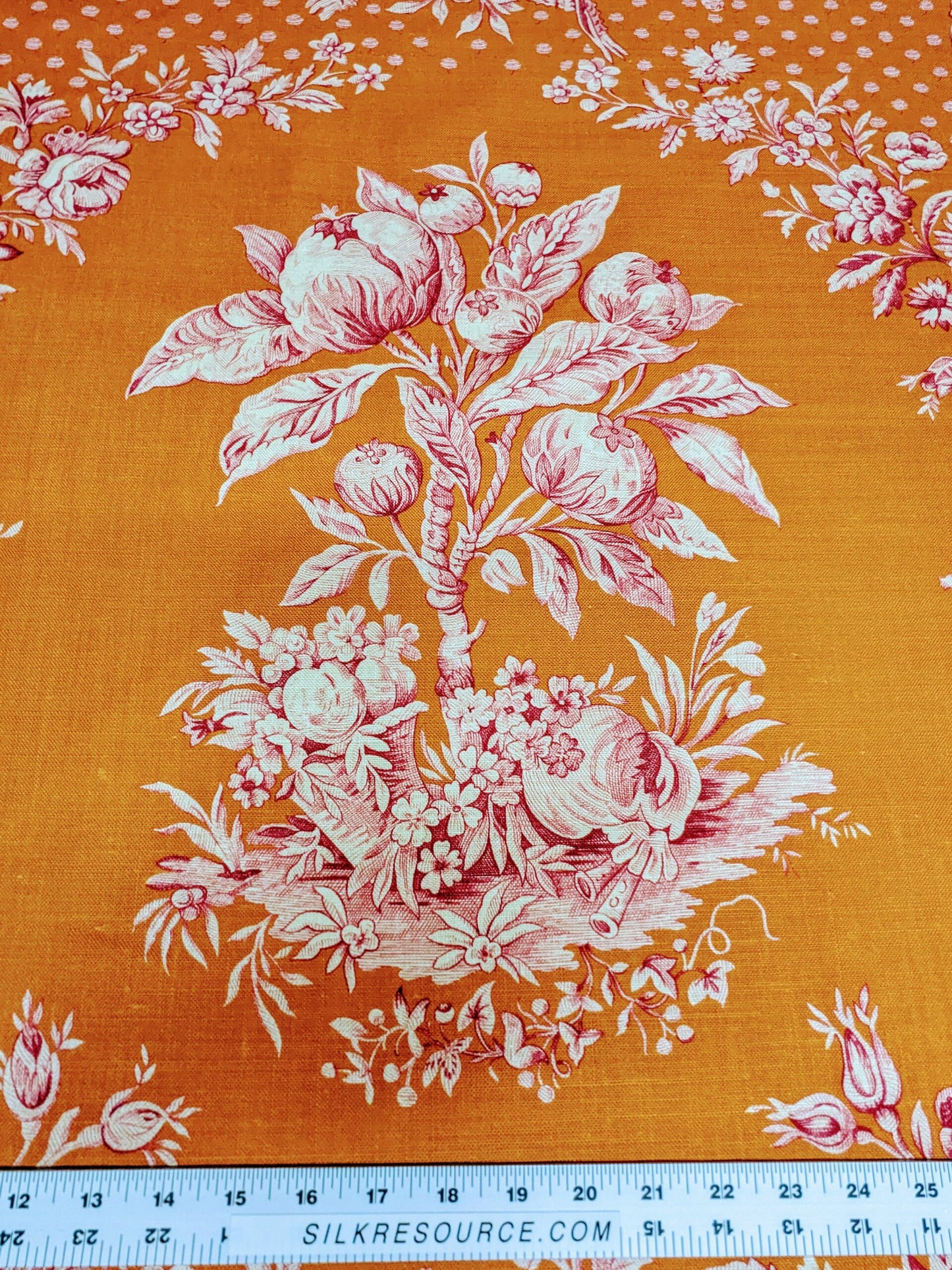 Scalamandre Tobago Hive Papaya Raspberry Pink Linen Print Tropical Apiculture Beekeeping Tropical Flowers Ribbon Tassel MSRP 280/y